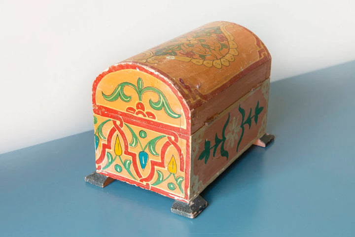 Antique Moroccan Storage Box, Hand Painted Wood