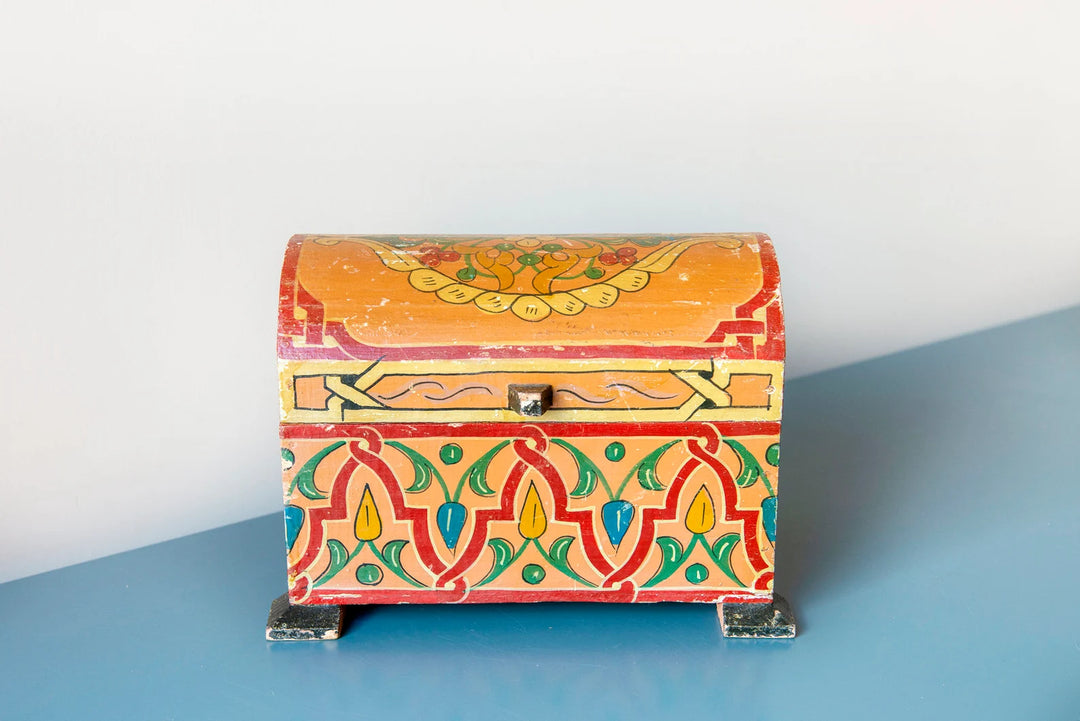 Antique Moroccan Storage Box, Hand Painted Wood