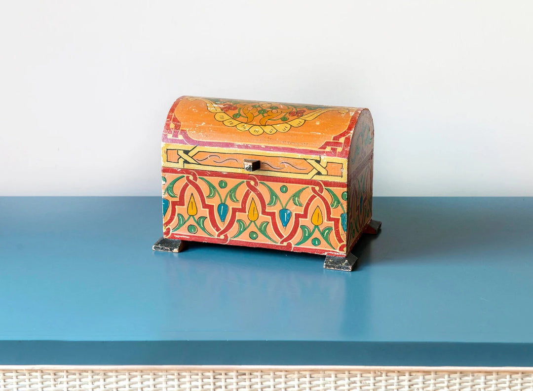 Antique Moroccan Storage Box, Hand Painted Wood