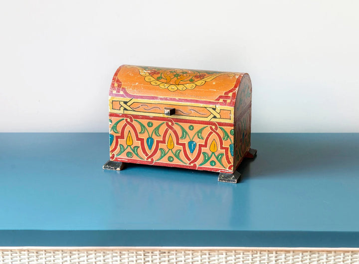 Antique Moroccan Storage Box, Hand Painted Wood