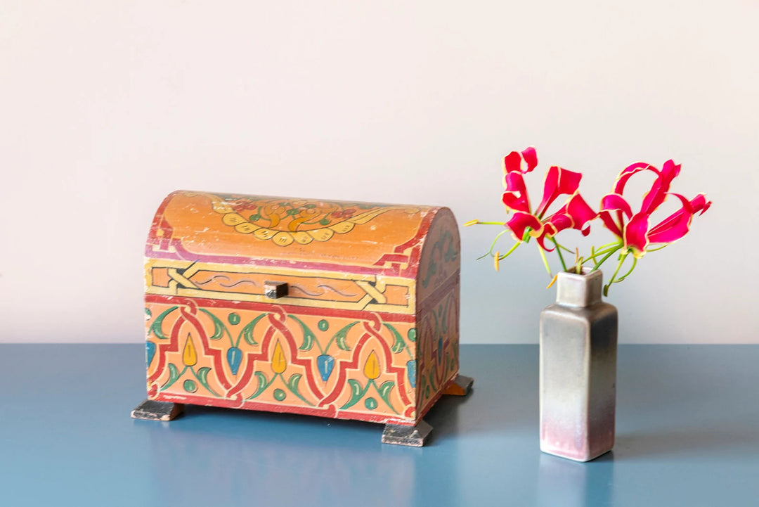 Antique Moroccan Storage Box, Hand Painted Wood