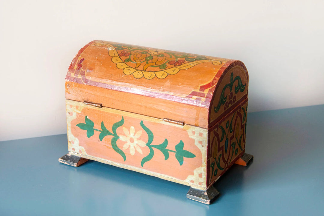 Antique Moroccan Storage Box, Hand Painted Wood