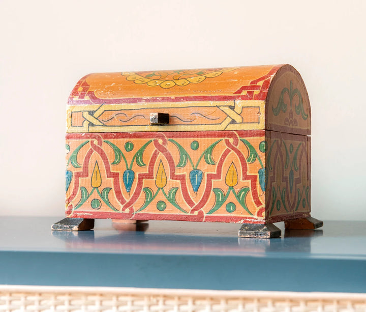 Antique Moroccan Storage Box, Hand Painted Wood