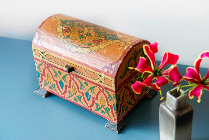 Antique Moroccan Storage Box, Hand Painted Wood