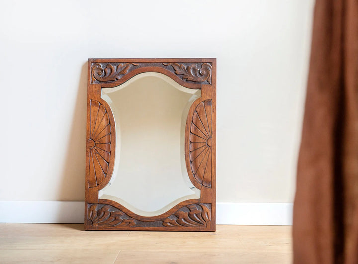 Hand Carved Antique Mirror With Beveled Glass, Art Deco