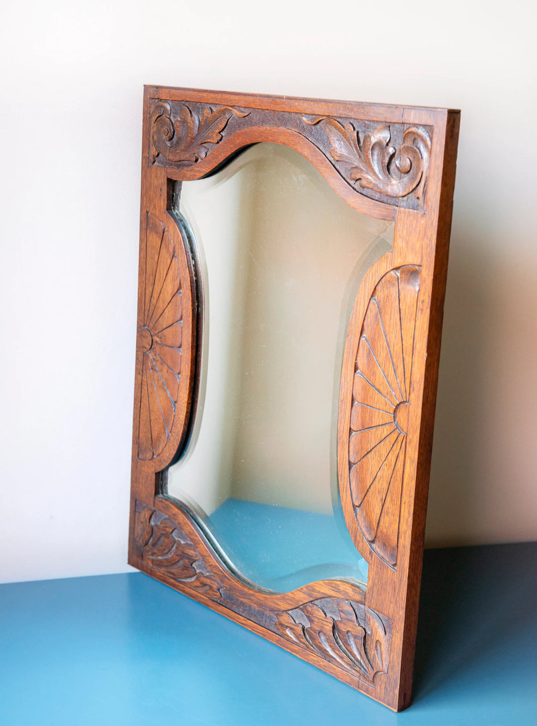 Hand Carved Antique Mirror With Beveled Glass, Art Deco