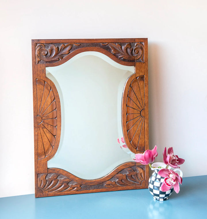 Hand Carved Antique Mirror With Beveled Glass, Art Deco