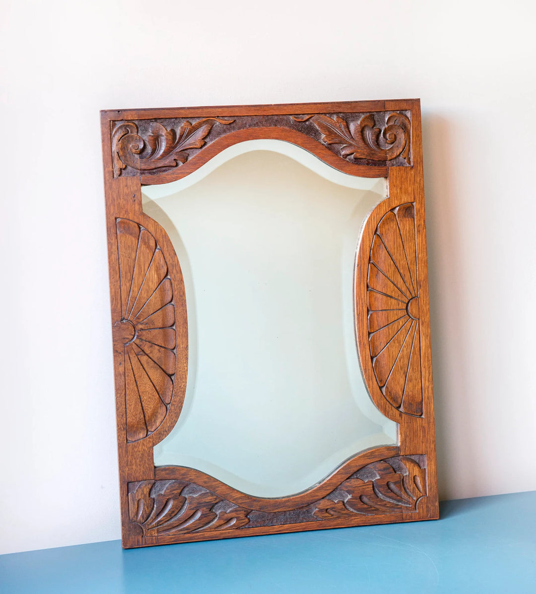 Hand Carved Antique Mirror With Beveled Glass, Art Deco