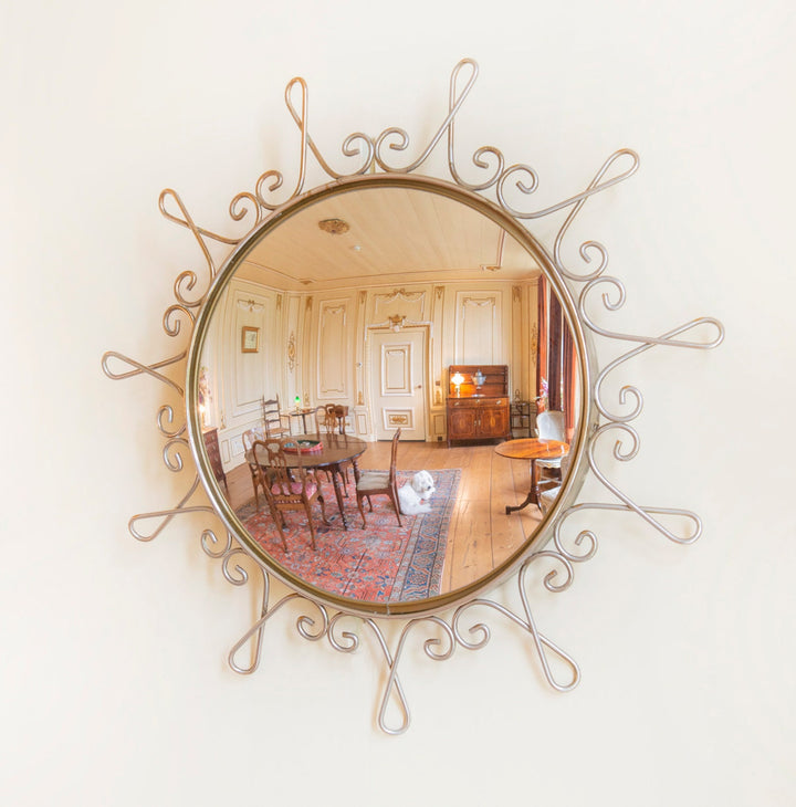 Round Convex Golden Wall Mirror, 1960s Design