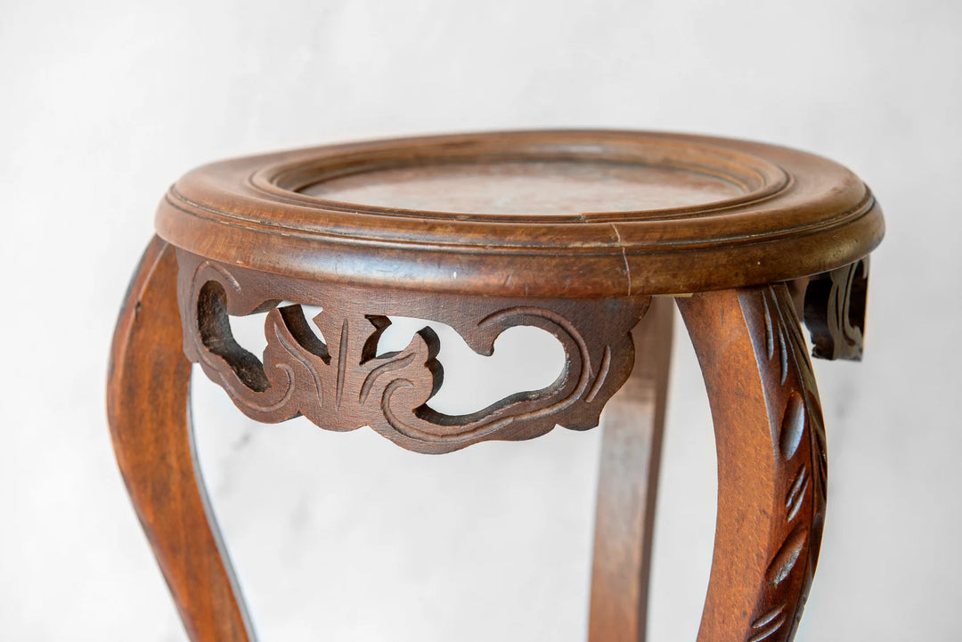 Antique French Wooden Side Table With Marble Top