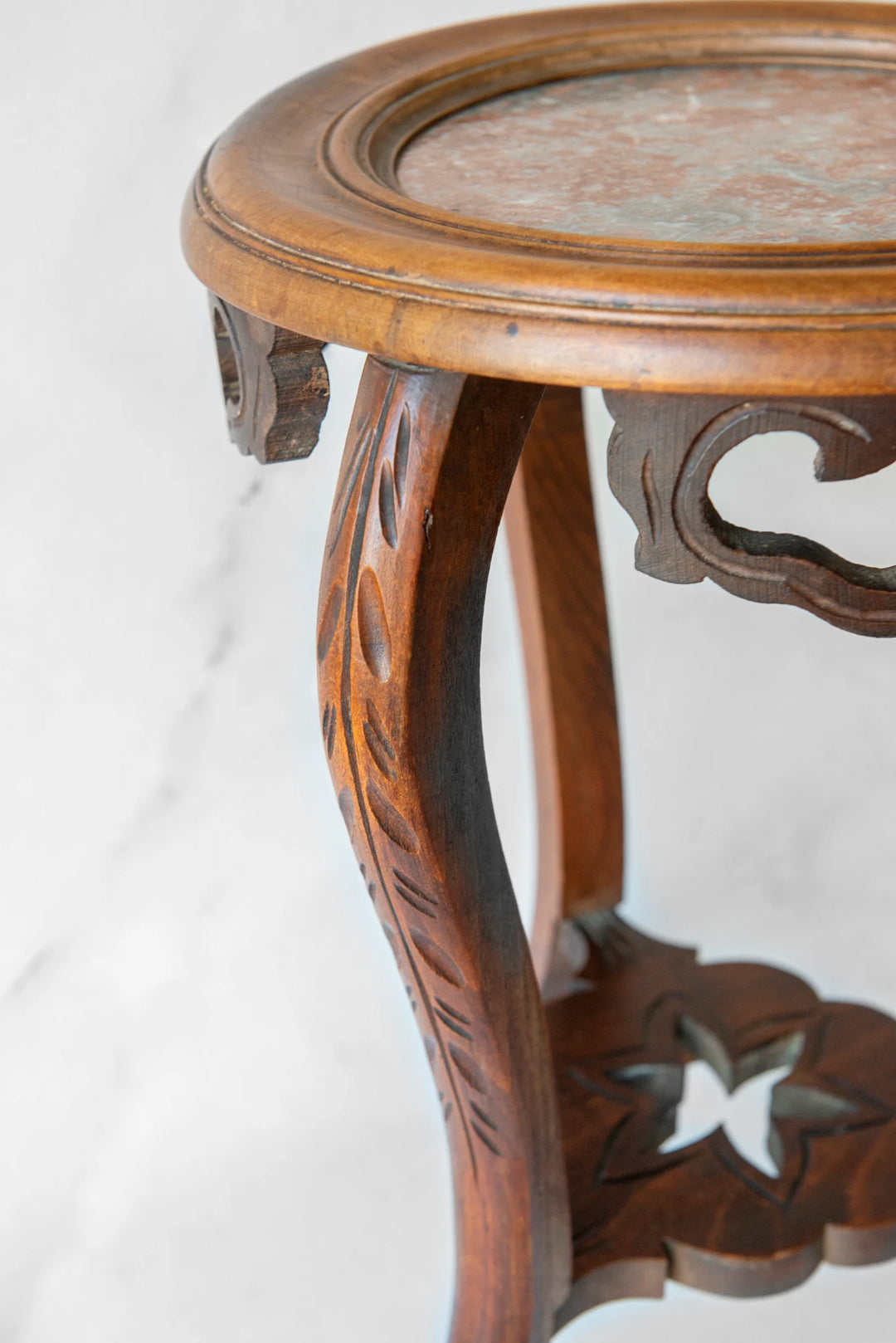 Antique French Wooden Side Table With Marble Top