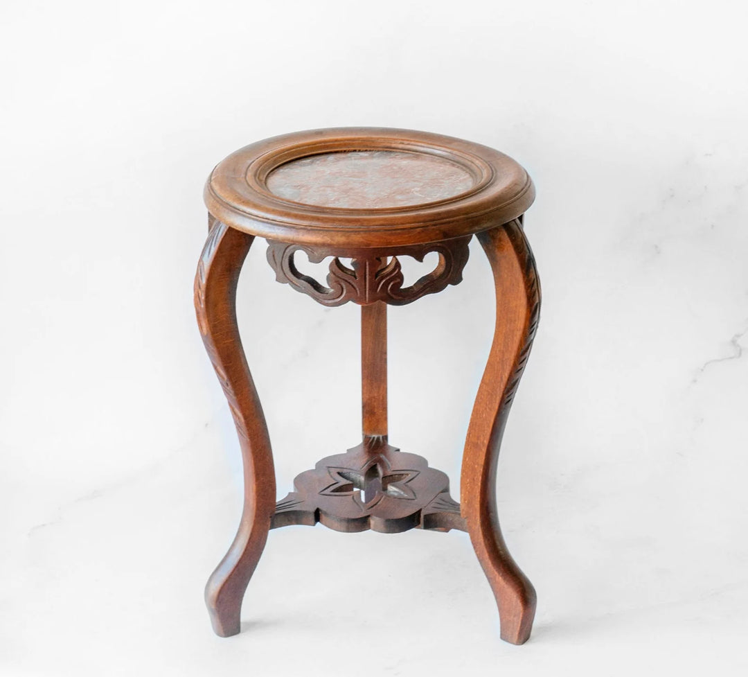 Antique French Wooden Side Table With Marble Top