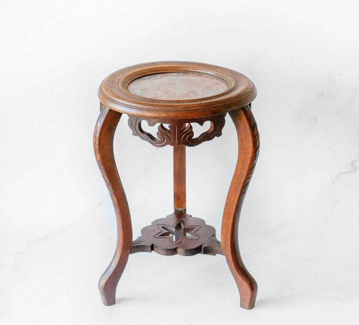 Antique French Wooden Side Table With Marble Top